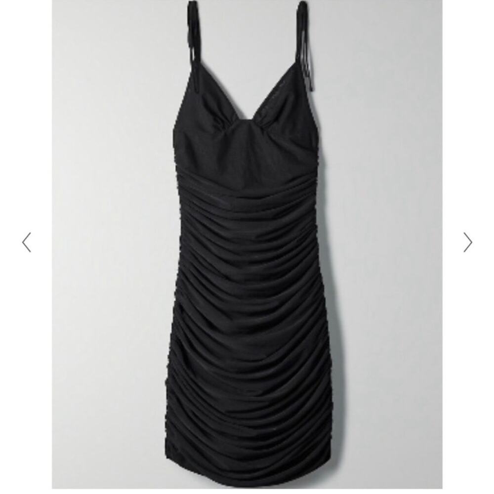 Aritzia Wilfred Winona Black Mesh Ruched Tie Strap Dress Size Large